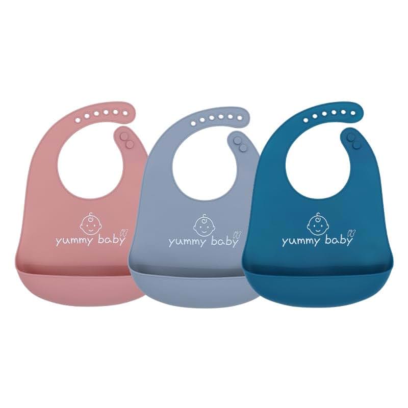 Yummy Baby Silicone Baby Bibs - Dark Blue, Gray, And Pink 3 Pack