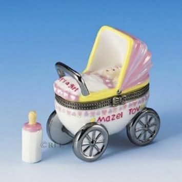 The Jacob Rosenthal Judaica Collection JudaiKeepsakes Mazel Tov Baby Hinged Box Carriage with Baby Bottle Treasure Pink