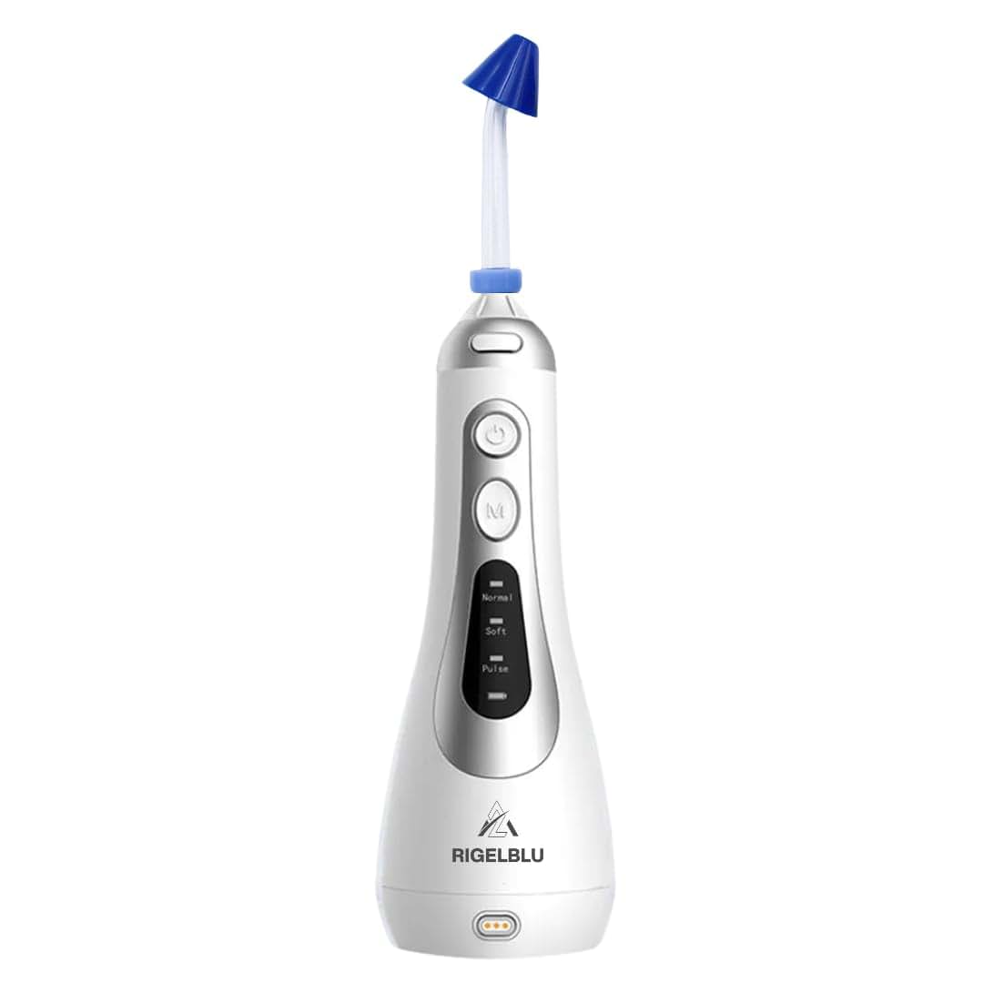 RIGELBLU Cordless Nasal Irrigator with 3 Pressure Modes and 6 Tips