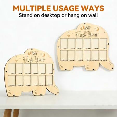 DegoCython Baby First Year Photo Collage Frame Elephant Design 12 Month Milestone Wooden Keepsake Display Tabletop Wall (photo 2)
