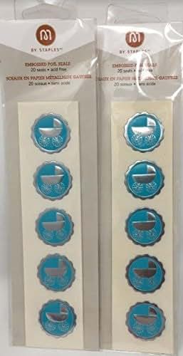 BabyOneStop M Embossed Foil Seal Stickers, Baby Carriage Shower Invitations, Turquoise Blue, 20 Pack