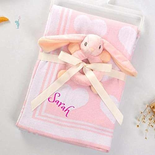 Dream Embroidery Personalized Cotton Knit Blanket With Rattle - Pink Hearts
