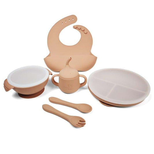 Bendee Silicone Baby Feeding Set with Suction Plate, Bowl, Bib and Training Cup, Pink
