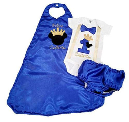 Rowanmayfairs Designs Mickey Birthday Outfit for Baby Boy – Royal Blue Satin Cape with Crown & Name – Bow Tie Onesie