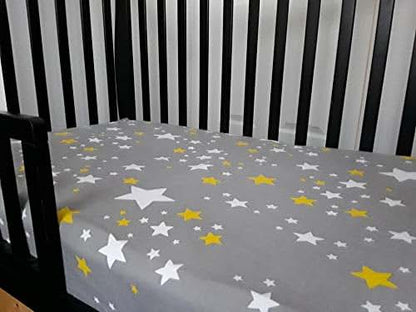 BabyOneStop Pull-Proof Toddler Fitted Crib Sheet With Ties, Gray With Yellow Stars