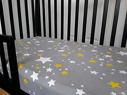 BabyOneStop Pull-Proof Toddler Fitted Crib Sheet With Ties, Gray With Yellow Stars