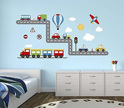 Decalzone Inc Construction Transportation Train Wall Decals -Planes Trains Automobiles Kids Stickers Vinyl Wall Art