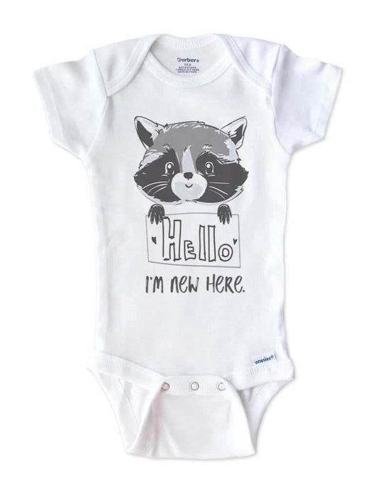 Hello Handmade - Hello I'm new here. baby Raccoon d2 - onesie birth announcement Shower gift (White, 12)