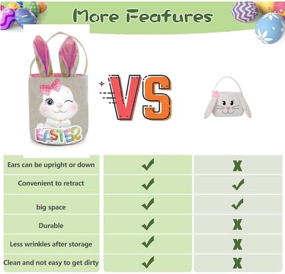 PADELO 1 Pack Easter Basket with Handle, Canvas Easters Egg Hunt Bunny Baskets for Kids, Happy Easter Tote Bucket with (photo 3)