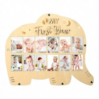 DegoCython Baby First Year Photo Collage Frame Elephant Design 12 Month Milestone Wooden Keepsake Display Tabletop Wall