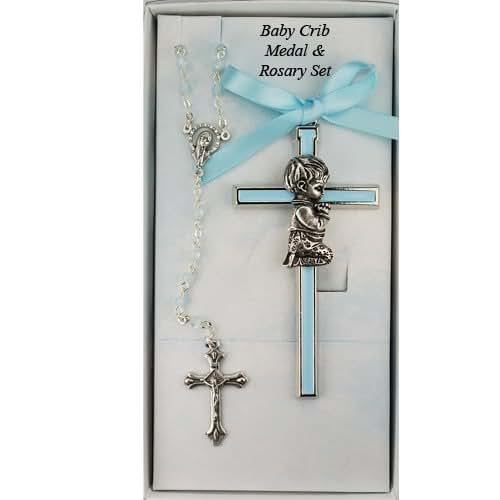 KeegansCatholicTreasures Boy Crib Cross and Rosary Set Cross is 3 1/2 inches Great Baptism Christening Gift Keepsake