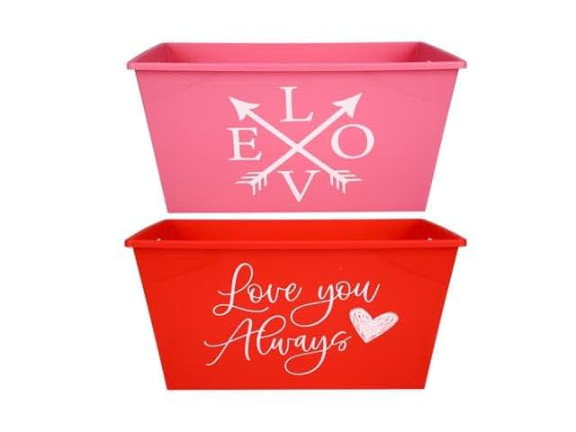 BabyOneStop Valentines Day Rectangular Plastic Bins with Handles, Red and Pink, Set of 2, 12 x 8.5 x 7 inches