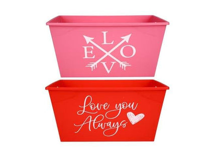 BabyOneStop Valentines Day Rectangular Plastic Bins with Handles, Red and Pink, Set of 2, 12 x 8.5 x 7 inches