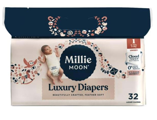 Milli~ Moon Size 1 Diapers, 32 Count, Navy and Coral Pattern