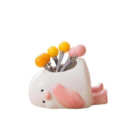 Royal Shang Youpin Duck Ceramic Storage Jar And Fruit Fork Set