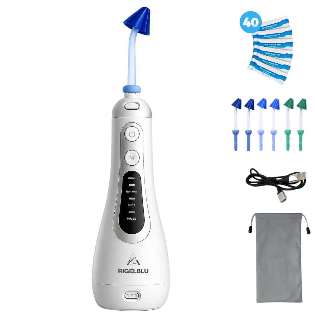 RIGELBLU Cordless Nasal Irrigator with 3 Pressure Modes and 6 Tips