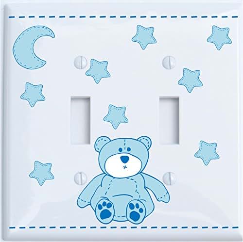 Presto Light Switch Plate Covers Blue Teddy Bear Light Switch Plate Double Toggle with Blue Moon and Stars/Teddy Bear