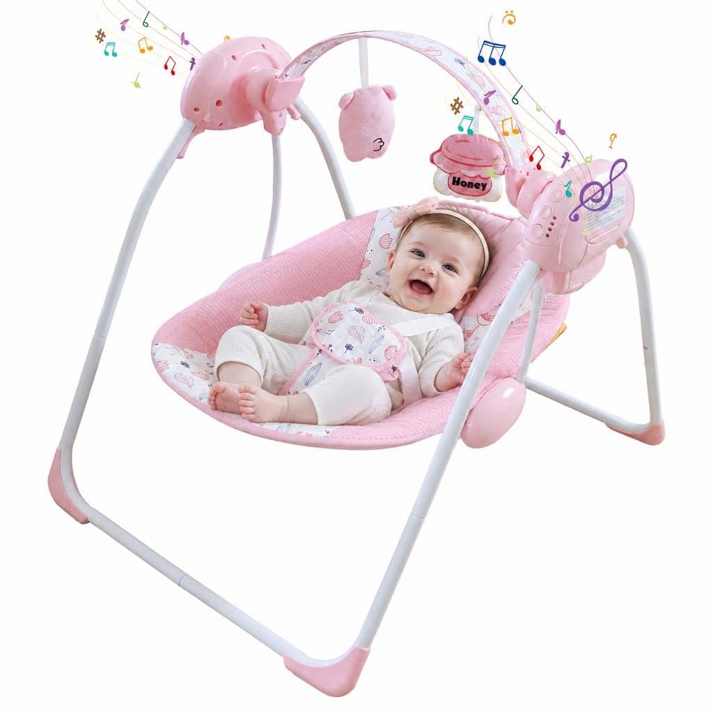 Enborbabe Portable Baby Swing with Music and Floral Bear Pattern