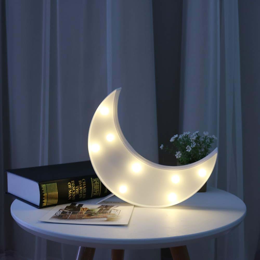 Pooqla LED Crescent Moon Marquee Sign, White, Battery Powered