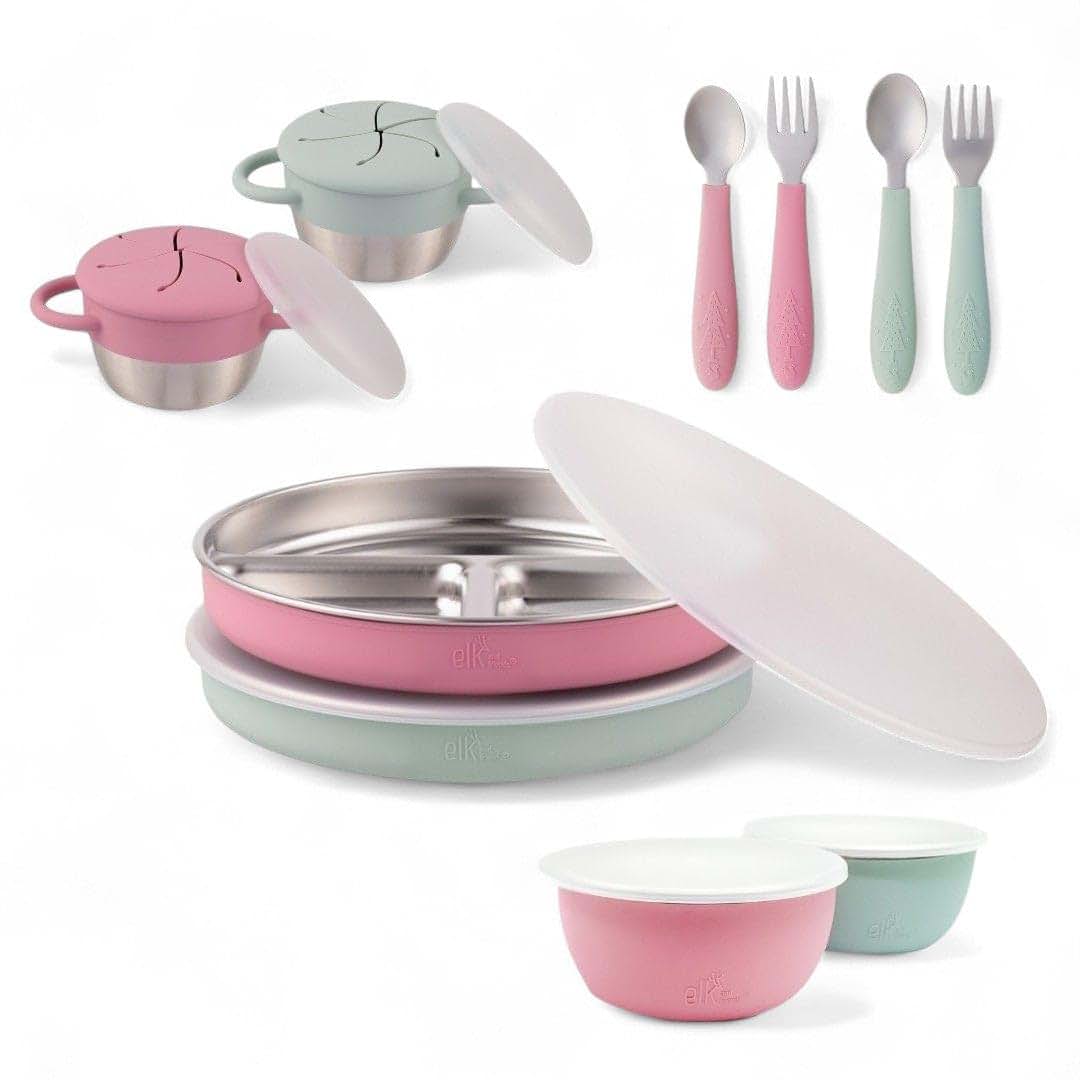 Elk and Friends Stainless Steel Mealtime Bundle with Silicone Sleeves, 10-Piece Toddler Dinner Set