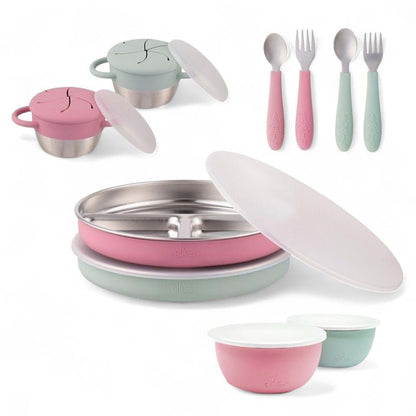 Elk and Friends Stainless Steel Mealtime Bundle with Silicone Sleeves, 10-Piece Toddler Dinner Set