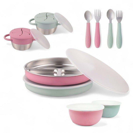 Elk and Friends Stainless Steel Mealtime Bundle with Silicone Sleeves, 10-Piece Toddler Dinner Set