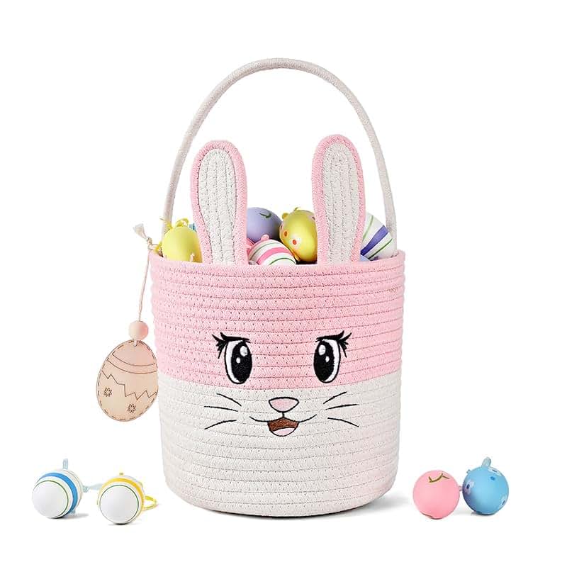 INough Easter Basket Cute Bunny Baskets Personalized Rabbit Bucket with Folding Handle for Egg Hunting, Embroidered