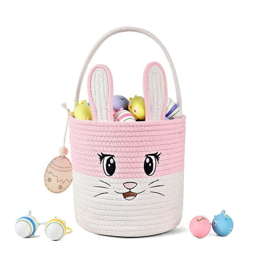 INough Easter Basket Cute Bunny Baskets Personalized Rabbit Bucket with Folding Handle for Egg Hunting, Embroidered