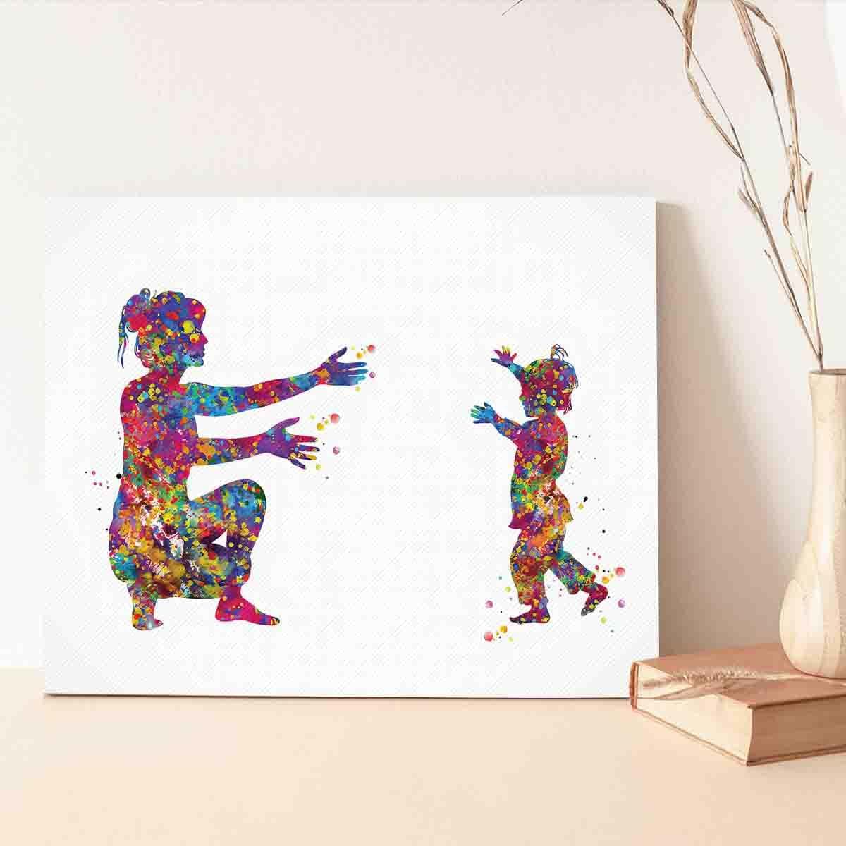 MBARE Watercolor Wall Art,Girl With Mother Watercolor Print Daughter And Parent Love Mother Children Gift Art For Kids