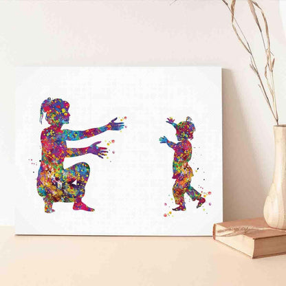 MBARE Watercolor Wall Art,Girl With Mother Watercolor Print Daughter And Parent Love Mother Children Gift Art For Kids