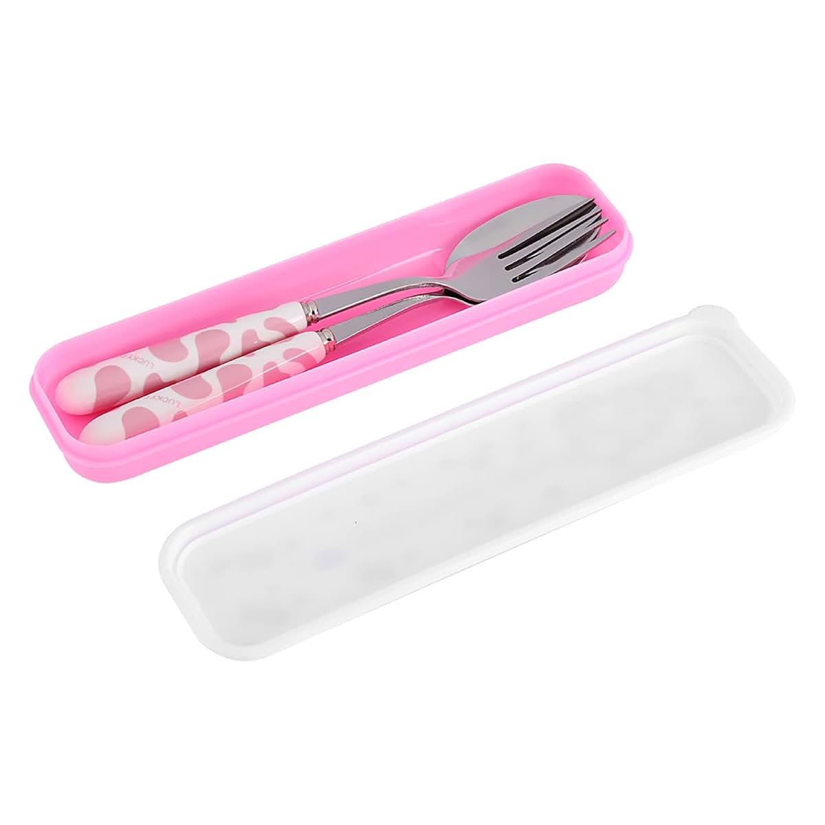 BabyOneStop Children Stainless Steel Fork and Spoon Set with Storage Box in Pink