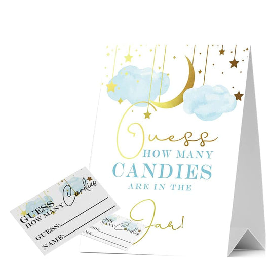 JIRIM-BEUTY Guess How Many Candies Baby Shower Games, Pack of 1 Logo and 50 Cards, Golden Star and Moon, Blue Cloud