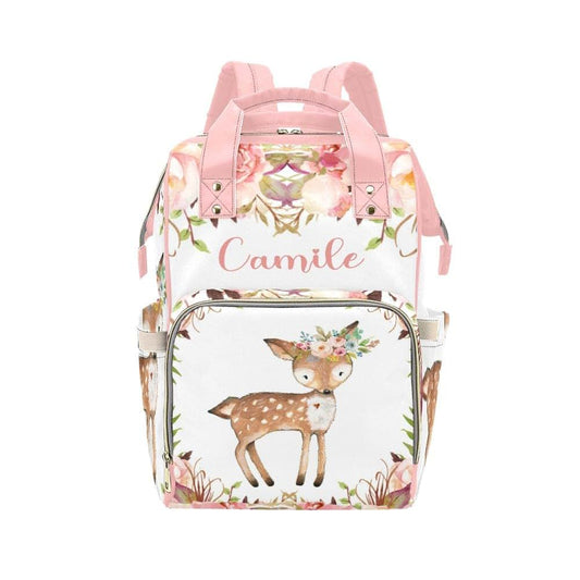 NZOOHY Pink Floral Forest Deer Personalized Diaper Bag,Custom Name Diaper Backpack Mommy Nursing Bag for Baby Boy Girl