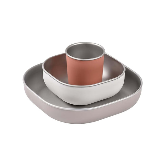 Béaba BEABA Stainless Steel Meal Set | Microwave and Oven Safe | Baby Plates Baby Bowls and Cup with Anti-Slip Silicone