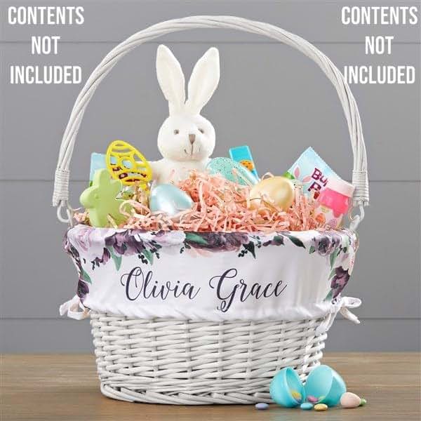 Personalization Universe Personalized Colorful Floral White Easter Basket – Embroidered Floral Basket Liner – Custom (photo 2)