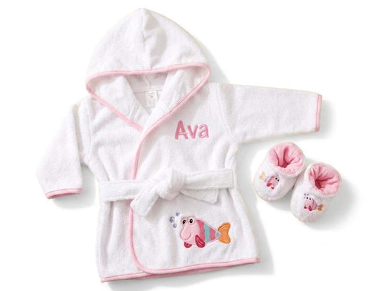 PERSONALIZE BABY Fish Hooded Baby Bathrobe and Booties Set with Embroidered Name, Soft Terry Cotton Robe with Animal