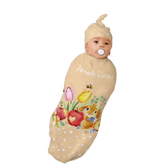 YallLocoMo Custom Custom Newborn Swaddle Blankets Hat Watercolor Garden Hare Little Rabbit Sets Soft Baby Receiving