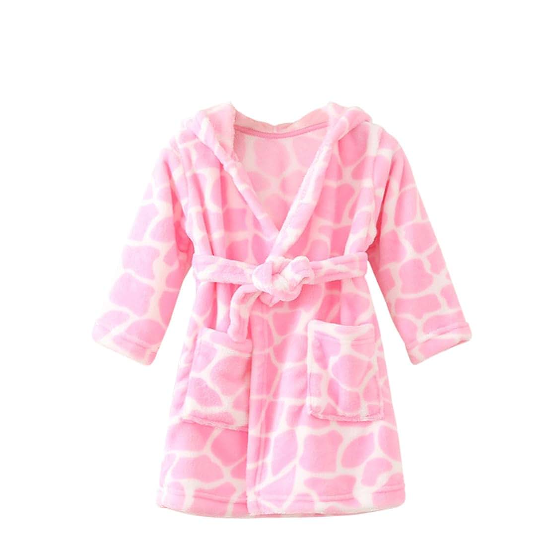 TOLLION Toddler Hooded Coral Fleece Bathrobe with Hat, Pink Cow Dot, 4T