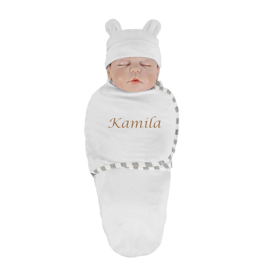 Zhongzhi Baby Blankets Name Swaddle Personalized, Newborn Swaddle Set Boy, Infant Nursery Decor, Custom (White)