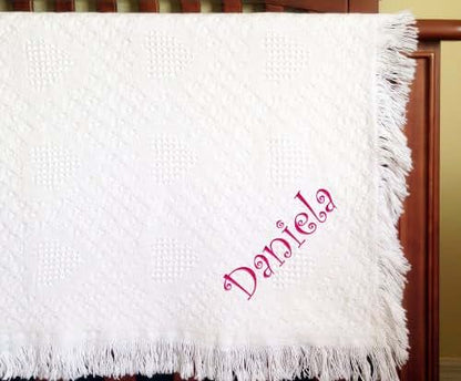 Fastasticdeal Daniela Girl Embroidered Cotton Woven Baby Blanket, White, 36x48