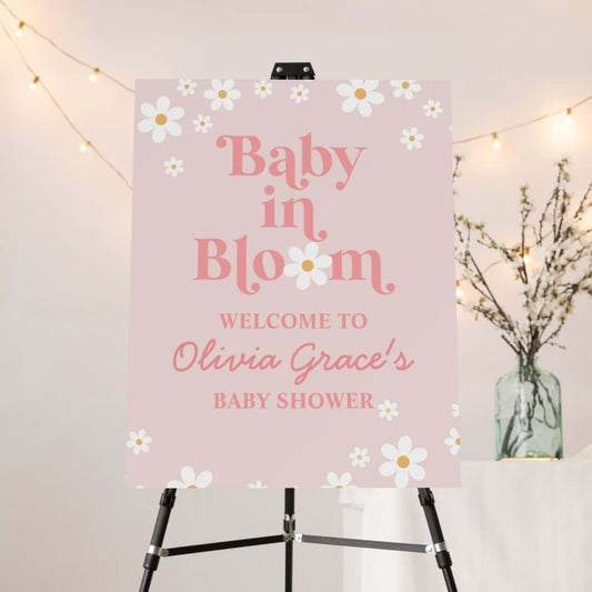 RedTurtle Baby Shower Sign - Baby in Bloom Daisy Welcome Poster - 16"x24" Paper Vintage Wall Mount Decoration