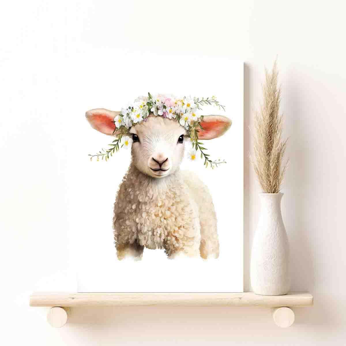 STRRAW Sheep Lamb Flower Crown Botanical Farmhouse Animal Nursery Wall Art Print Decor - 8"x12"