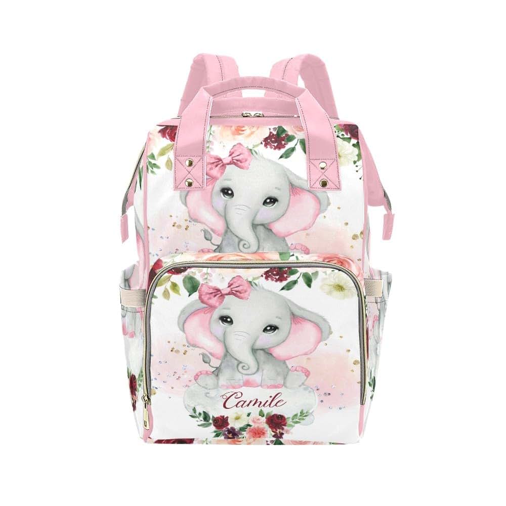 NZOOHY Pink Elephant Rose Personalized Diaper Bag Backpack Custom Name Large Capacity Diaper Backpack Travel Daypack