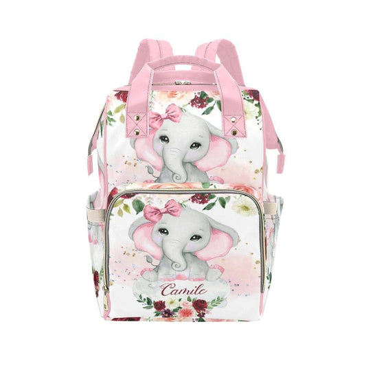 NZOOHY Pink Elephant Rose Personalized Diaper Bag Backpack Custom Name Large Capacity Diaper Backpack Travel Daypack