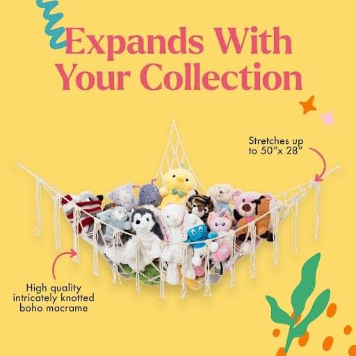 Lilly's Love Macrame Stuffed Animal Storage Hammock Holds 12 Lbs, Mint