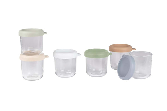 Béaba BEABA 6 Pack Glass Baby Food Jars with Soft Silicone Air Tight Lids, 8 oz Glass Storage Containers with Lids