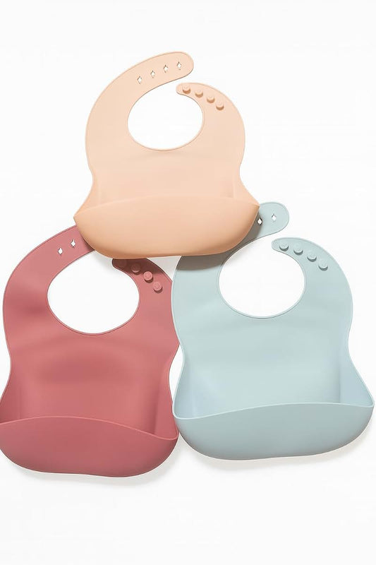 YUHMMEE Silicone Baby Bibs, 3 Pack, Waterproof Adjustable Feeding Bibs with Food Catcher Pocket, Soft Reusable Bibs for