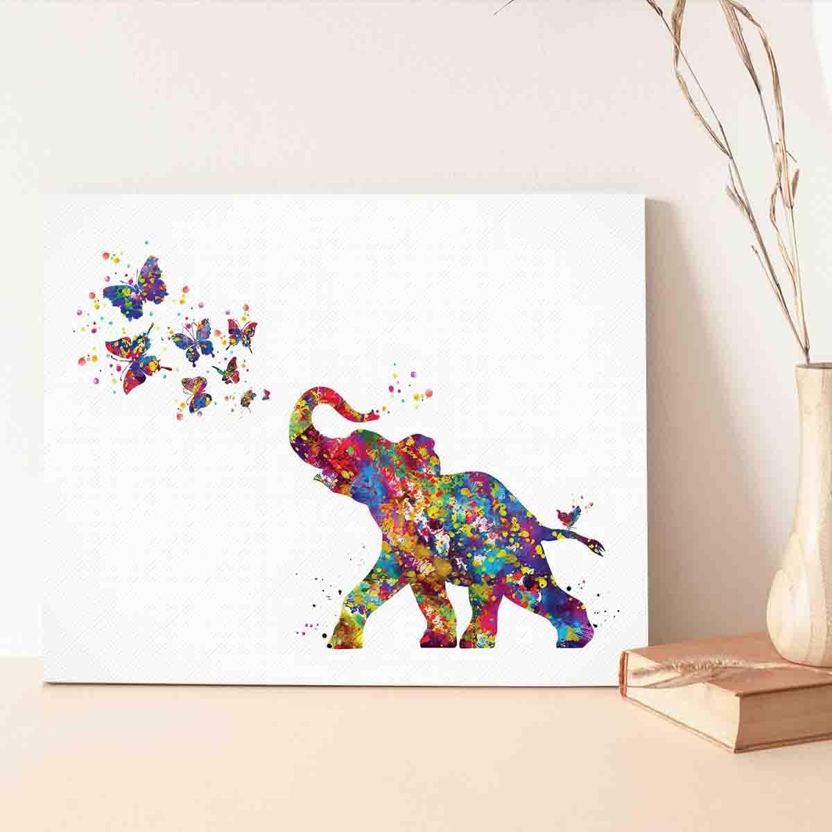 MBARE Folk Art Watercolor Baby Elephant And Butterflies Canvas Print