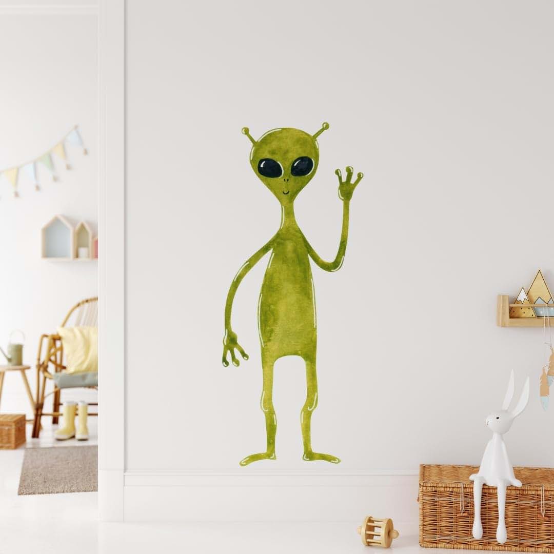 Stickit Graphix Watercolor Green Alien Wall Decal Kids Room Nursery UFO Outer Space Extraterrestrial Removable Wall