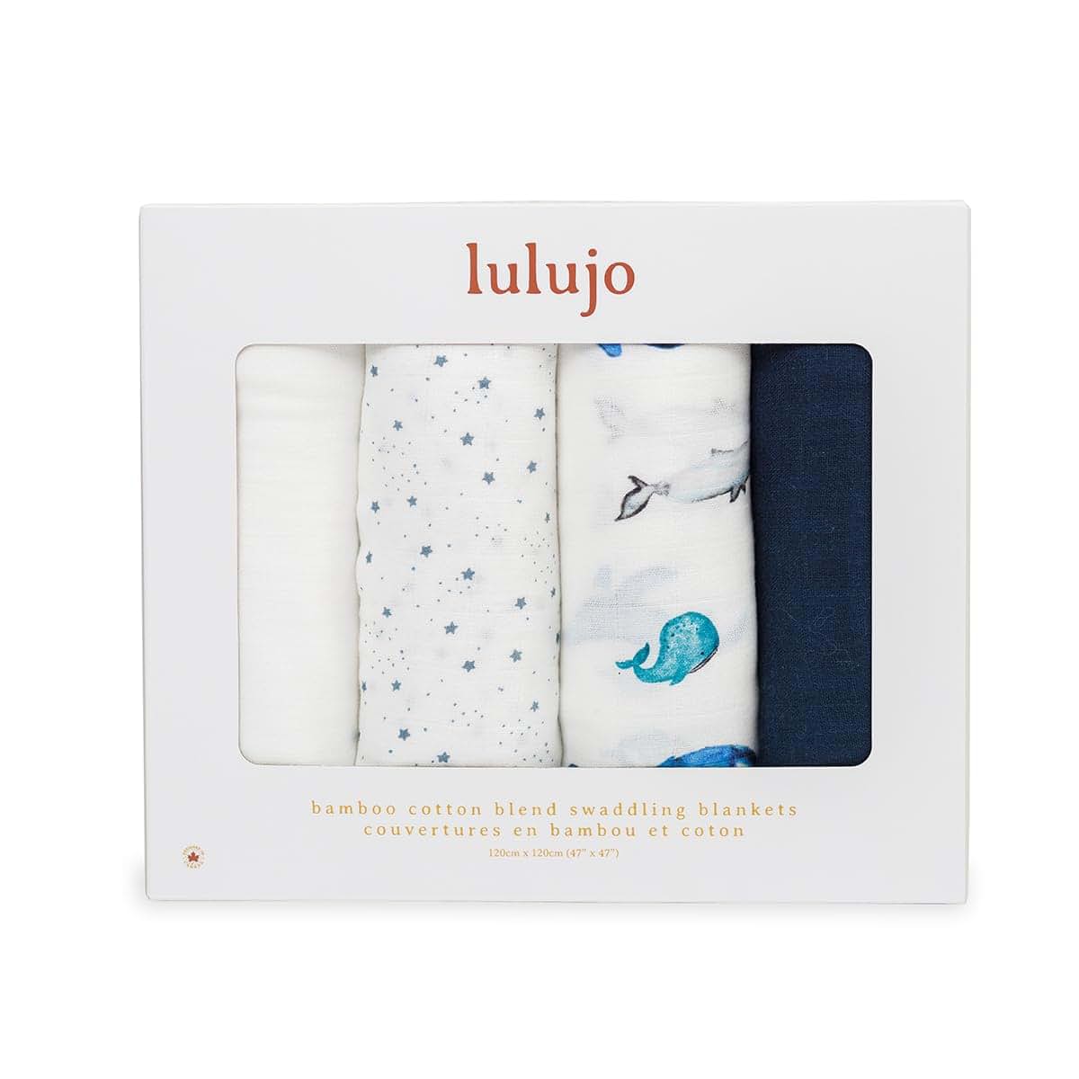 Lulujo Set of 4 Deluxe Muslin Swaddle Blankets, Whales & Stars, 47 x 47-Inch